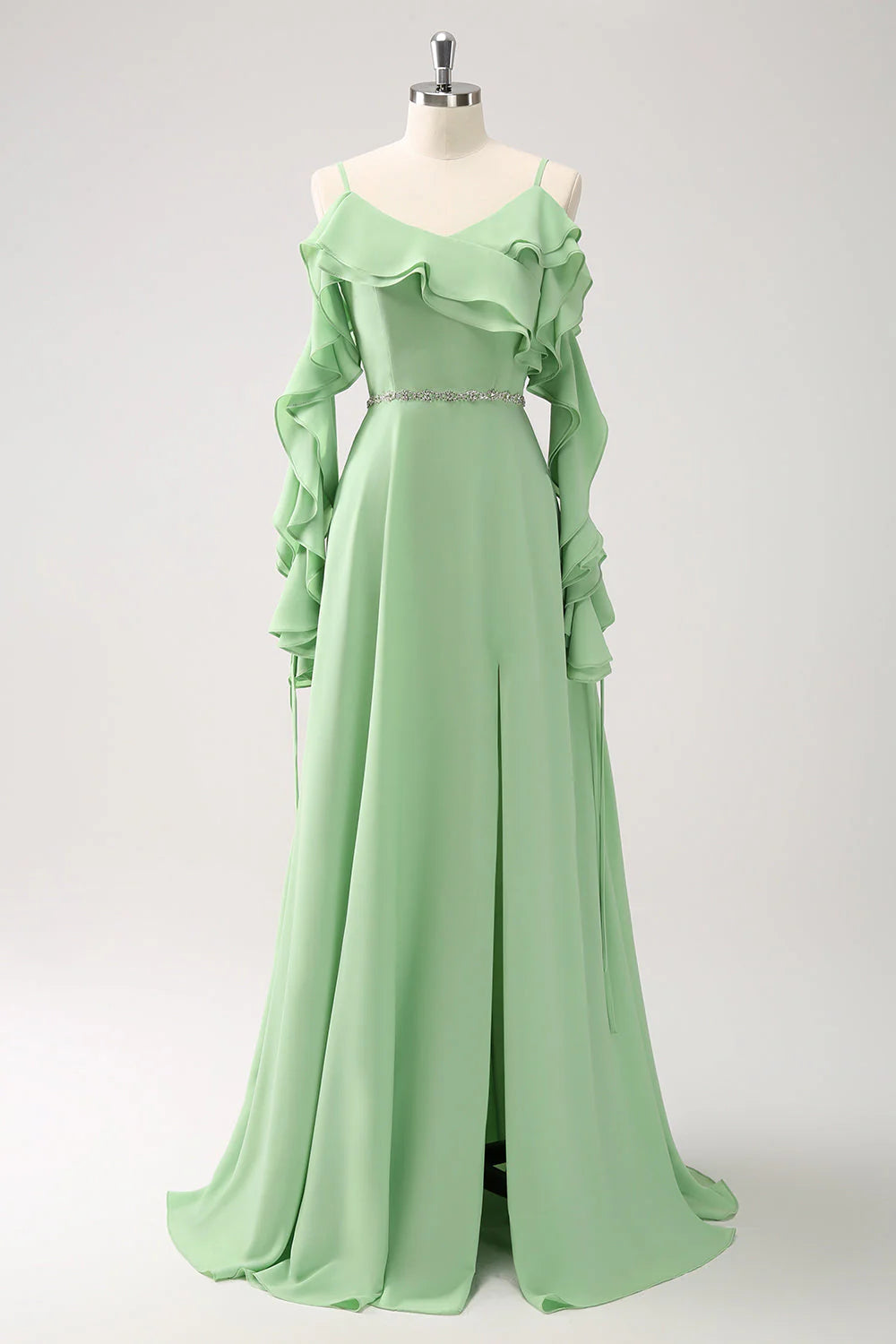 Light Green Cold Shoulder A-Line Chiffon Long Bridesmaid Dress With Ruffles