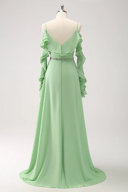 Light Green Cold Shoulder A-Line Chiffon Long Bridesmaid Dress With Ruffles