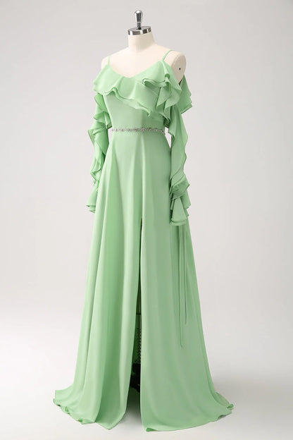 Light Green Cold Shoulder A-Line Chiffon Long Bridesmaid Dress With Ruffles