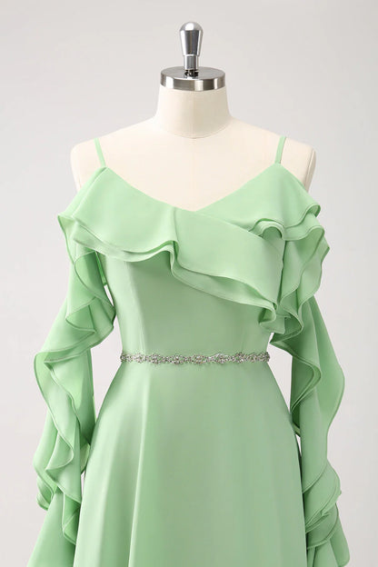 Light Green Cold Shoulder A-Line Chiffon Long Bridesmaid Dress With Ruffles