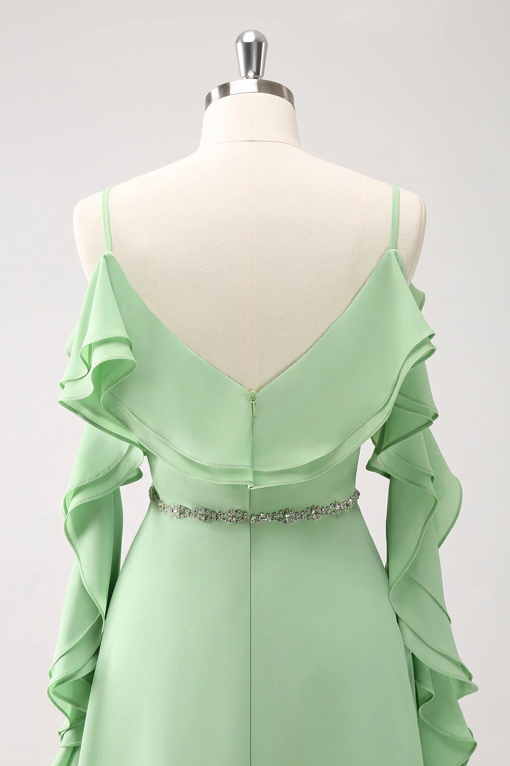 Light Green Cold Shoulder A-Line Chiffon Long Bridesmaid Dress With Ruffles