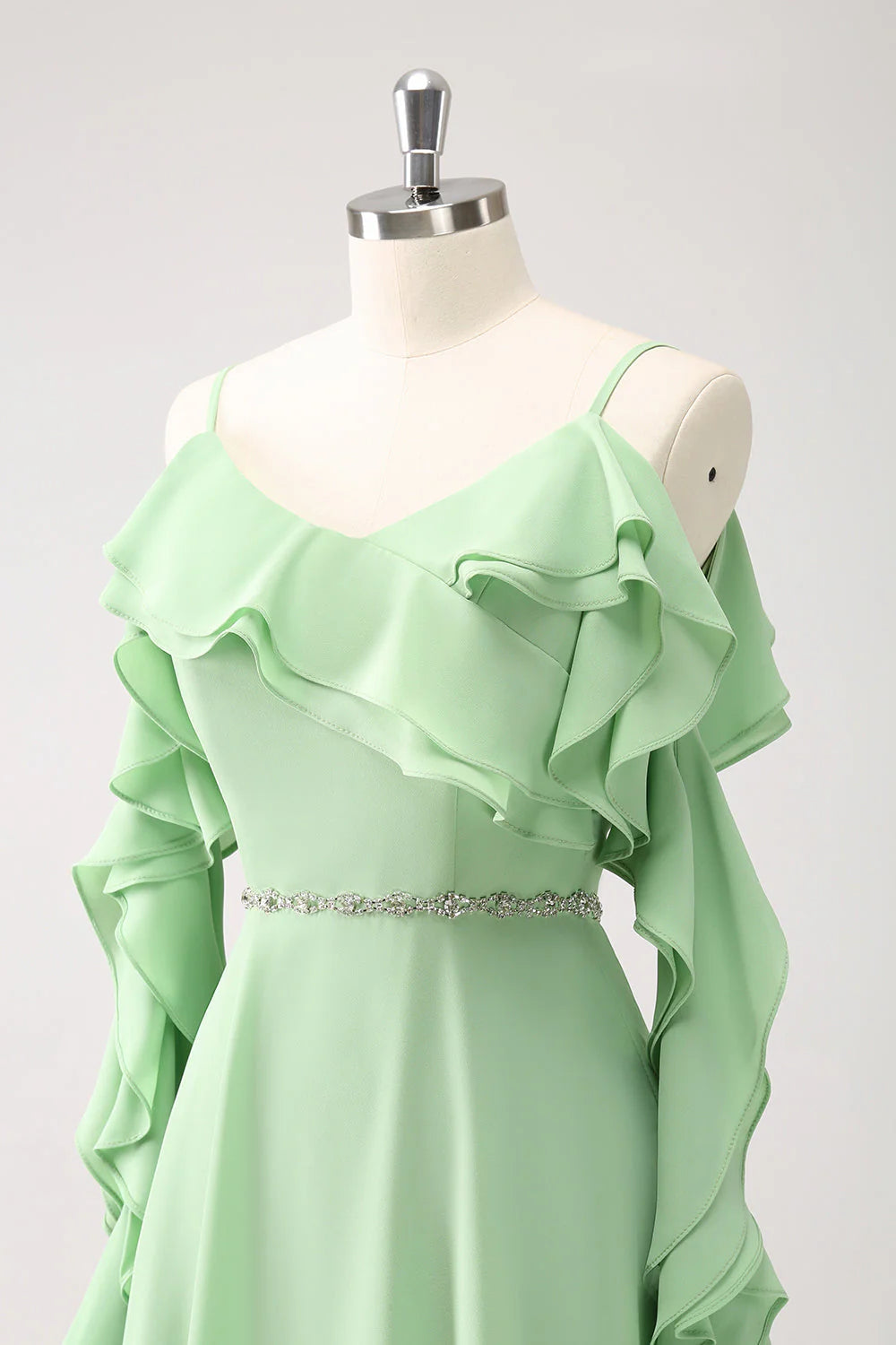 Light Green Cold Shoulder A-Line Chiffon Long Bridesmaid Dress With Ruffles