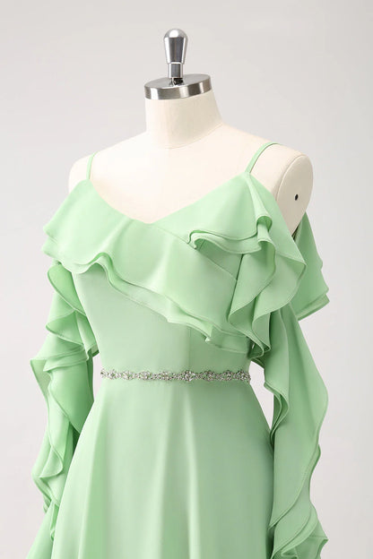 Light Green Cold Shoulder A-Line Chiffon Long Bridesmaid Dress With Ruffles