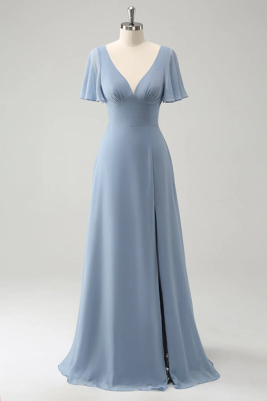 Grey Blue V-Neck Puff Chiffon Long Bridesmaid Dress With Hollow Out Back