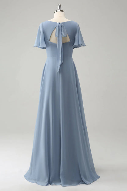 Grey Blue V-Neck Puff Chiffon Long Bridesmaid Dress With Hollow Out Back