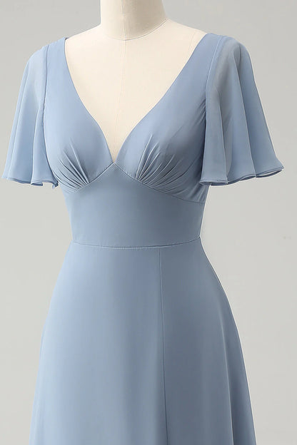 Grey Blue V-Neck Puff Chiffon Long Bridesmaid Dress With Hollow Out Back