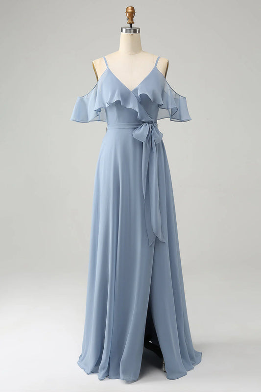 Grey Blue Spaghetti Straps V-Neck Chiffon Bridesmaid Dress With Slit