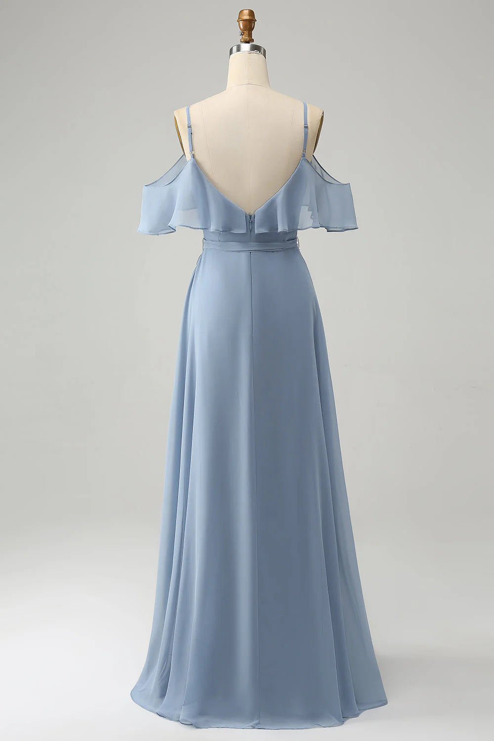 Grey Blue Spaghetti Straps V-Neck Chiffon Bridesmaid Dress With Slit