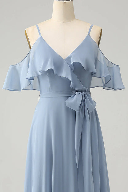 Grey Blue Spaghetti Straps V-Neck Chiffon Bridesmaid Dress With Slit