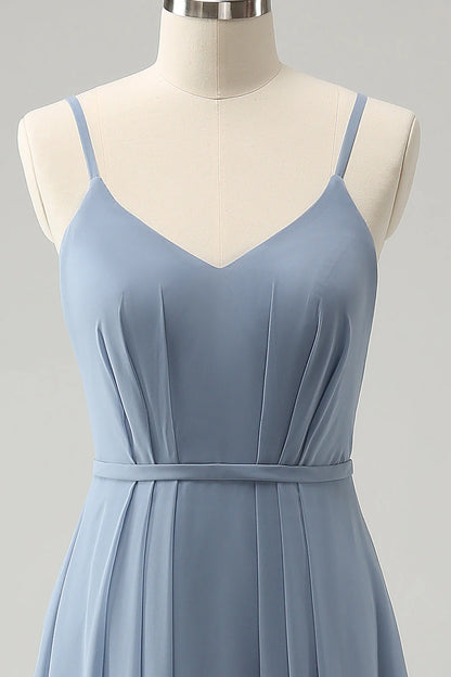 Grey Blue Chiffon Corset A Line Spaghetti Straps Pleated Long Bridesmaid Dress