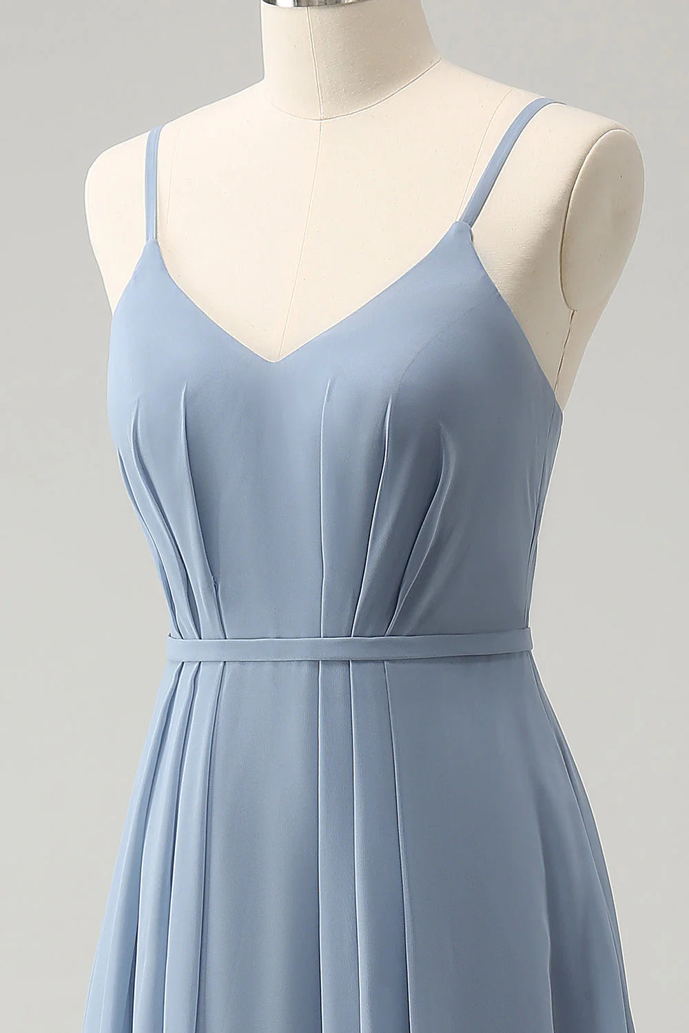 Grey Blue Chiffon Corset A Line Spaghetti Straps Pleated Long Bridesmaid Dress