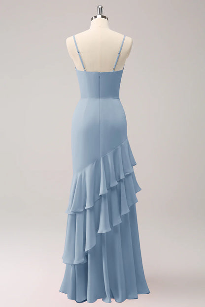 Dusty Blue Spaghetti Straps Mermaid Bridesmaid Dress With Ruffles