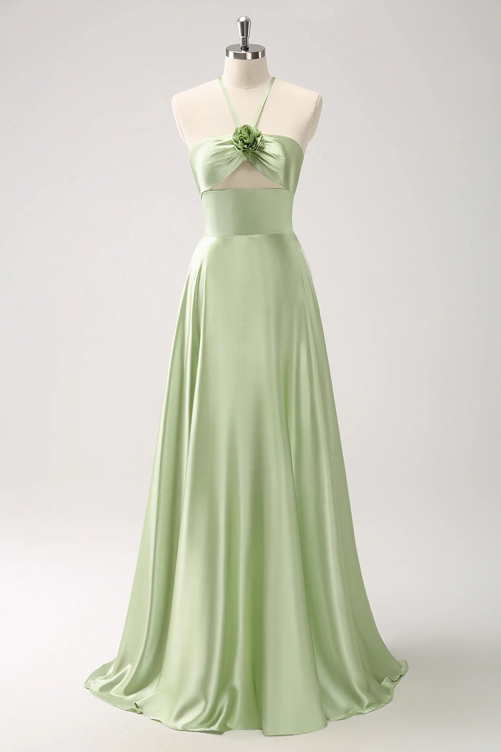 Light Green A-Line Halter Hollow Out Satin Bridesmaid Dress With Flower