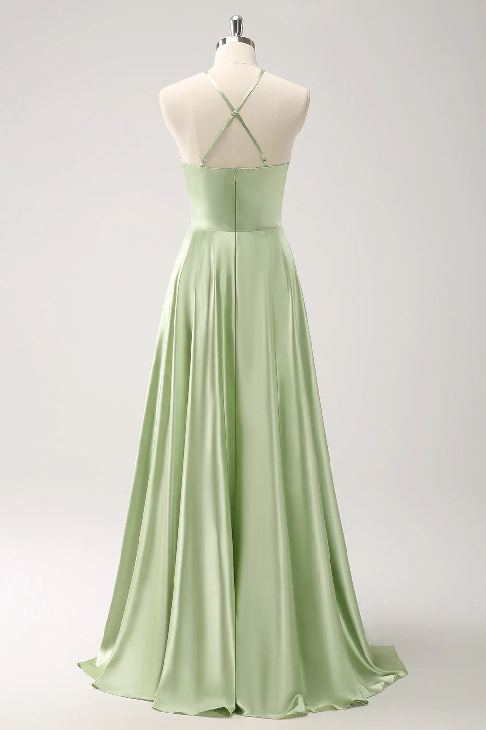 Light Green A-Line Halter Hollow Out Satin Bridesmaid Dress With Flower