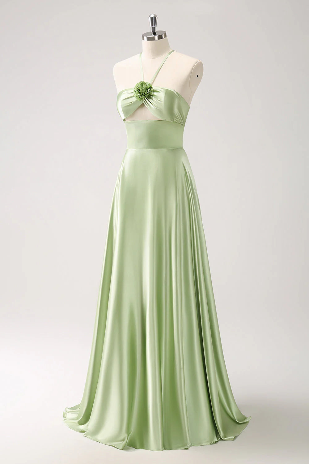 Light Green A-Line Halter Hollow Out Satin Bridesmaid Dress With Flower