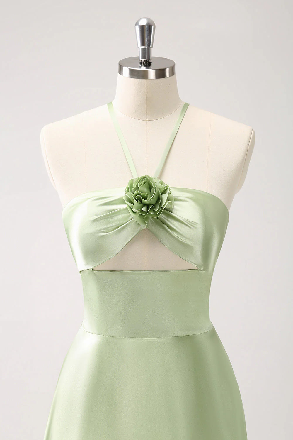 Light Green A-Line Halter Hollow Out Satin Bridesmaid Dress With Flower