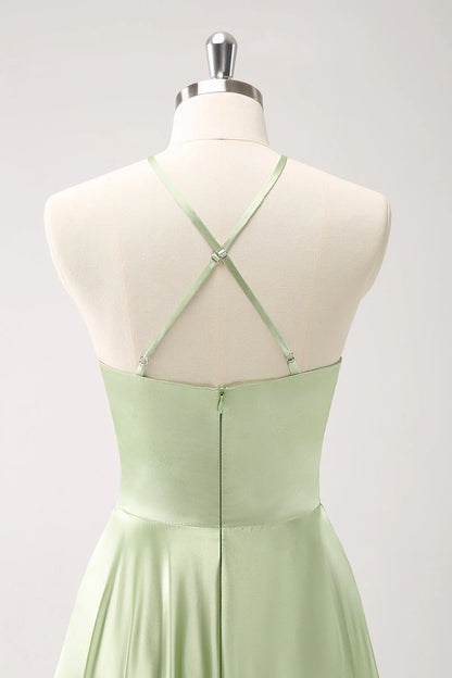 Light Green A-Line Halter Hollow Out Satin Bridesmaid Dress With Flower