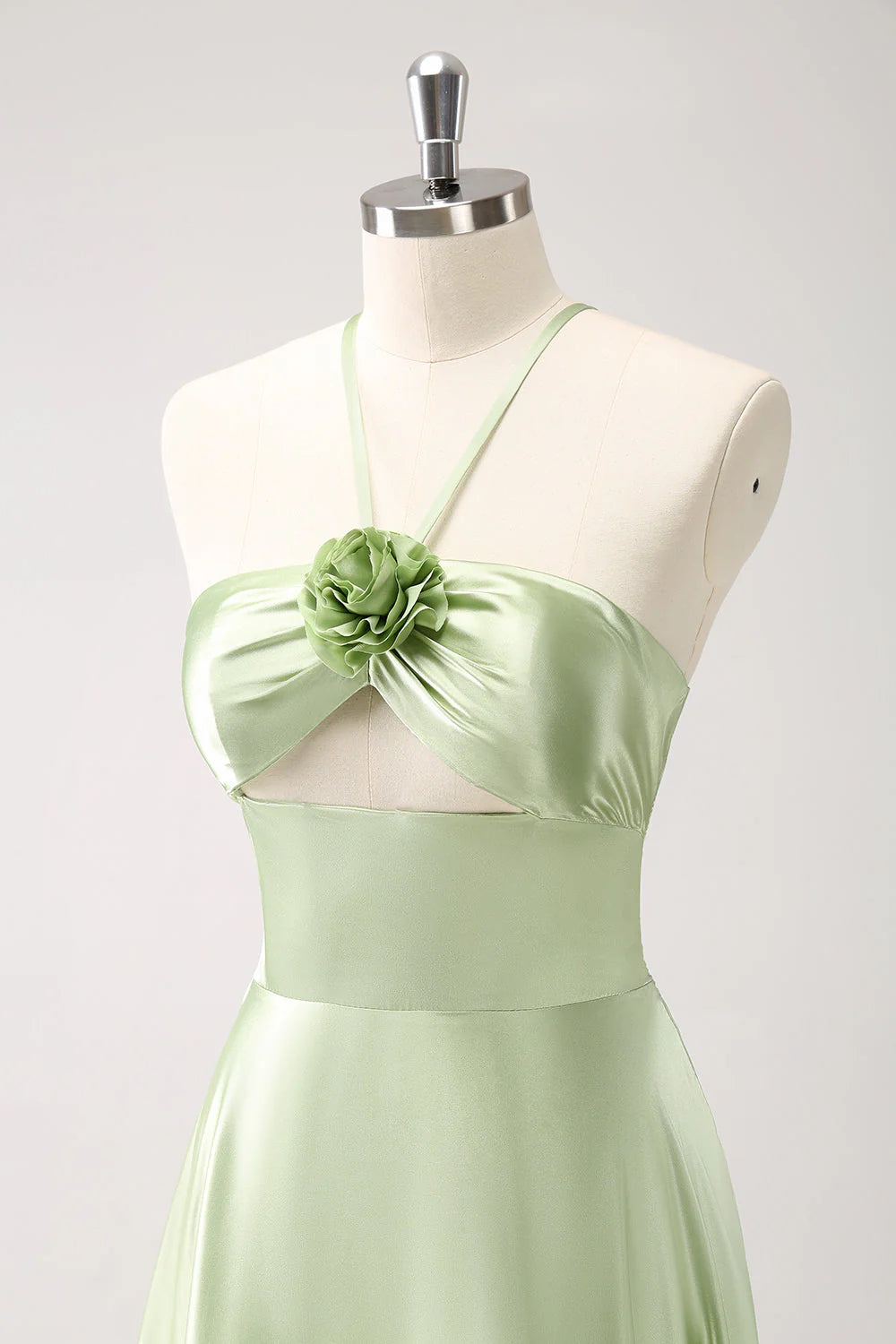 Light Green A-Line Halter Hollow Out Satin Bridesmaid Dress With Flower