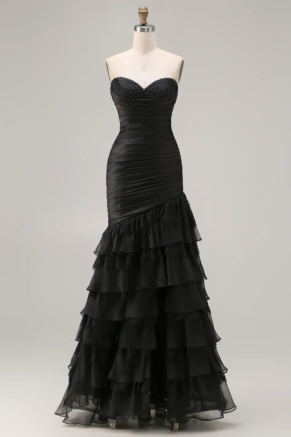 Black Mermaid Tiered Ruched Long Prom Dress with Beading
