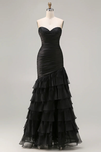 Black Mermaid Tiered Ruched Long Prom Dress with Beading