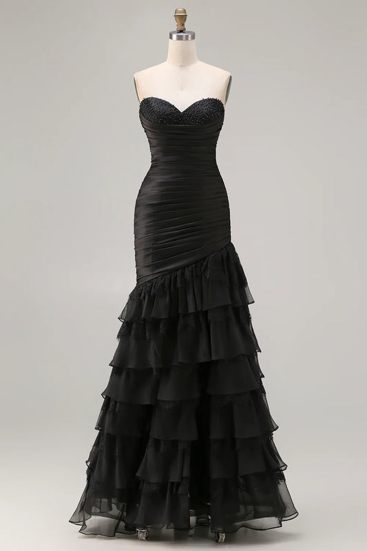 Black Mermaid Tiered Ruched Long Prom Dress with Beading