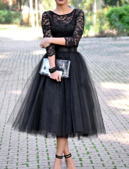 A-Line Cocktail Dresses Elegant Dress Ankle Length 3/4 Length Sleeve Jewel Neck Fall Wedding Guest Tulle with Pleats Lace Insert