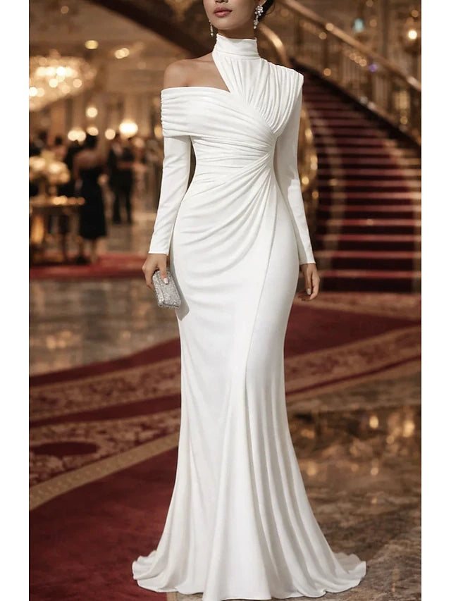 Mermaid Trumpet Floor Length Evening Gown Elegant Empire Waist Evening Long Sleeve High Neck Evening Party Wedding Stretch Satin with Pleats Solid Color