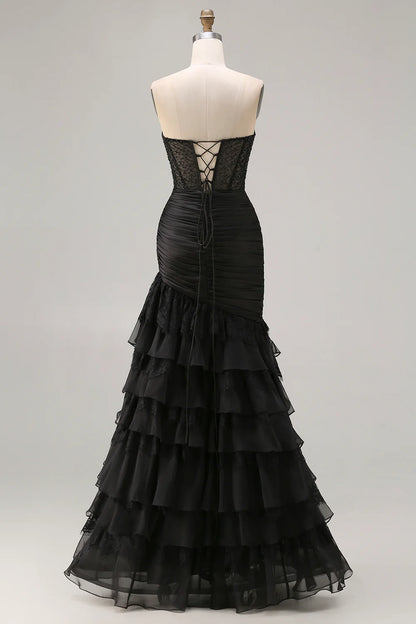Black Mermaid Tiered Ruched Long Prom Dress with Beading