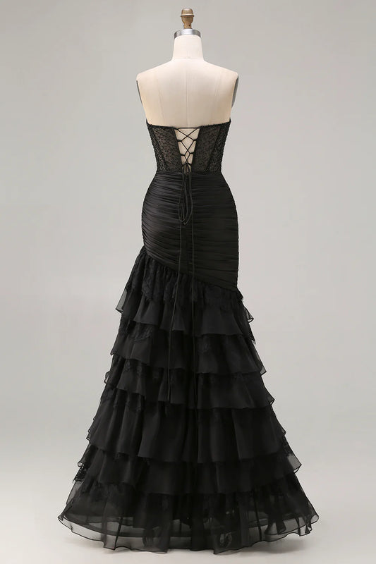 Black Mermaid Tiered Ruched Long Prom Dress with Beading