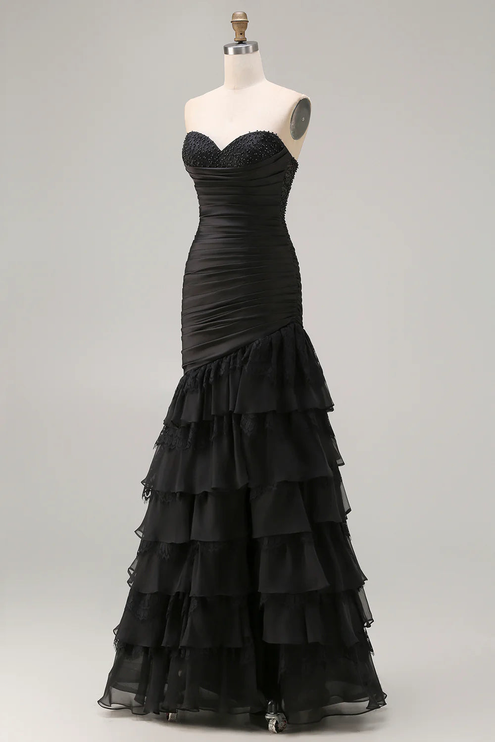 Black Mermaid Tiered Ruched Long Prom Dress with Beading