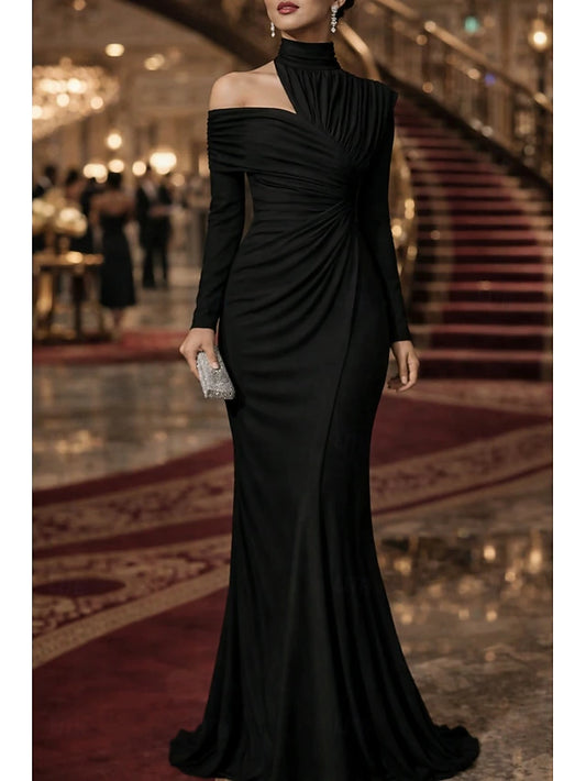 Mermaid Trumpet Floor Length Evening Gown Elegant Empire Waist Evening Long Sleeve High Neck Evening Party Wedding Stretch Satin with Pleats Solid Color