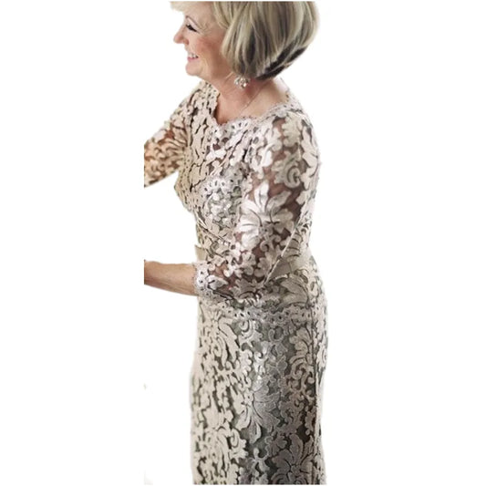 Elegant Lace Mother of the Bride Dress with 3/4 Sleeves