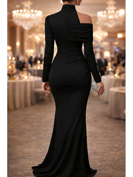 Mermaid Trumpet Floor Length Evening Gown Elegant Empire Waist Evening Long Sleeve High Neck Evening Party Wedding Stretch Satin with Pleats Solid Color