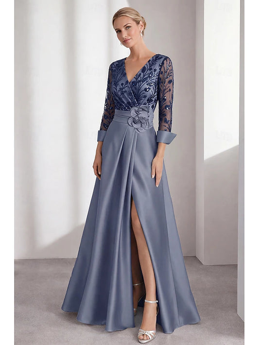 A-Line Floor Length Evening Gown Formal Dress Elegant Casual / Daytime Wedding Long Sleeve V Neck Wedding Formal Satin with 3D Flowers Pleats Slit