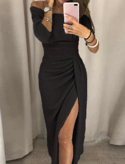 Sheath Cocktail Dresses Party Dress Party Wear Prom Ankle Length Half Sleeve Off Shoulder Fall Wedding Guest Jersey with Ruched Slit