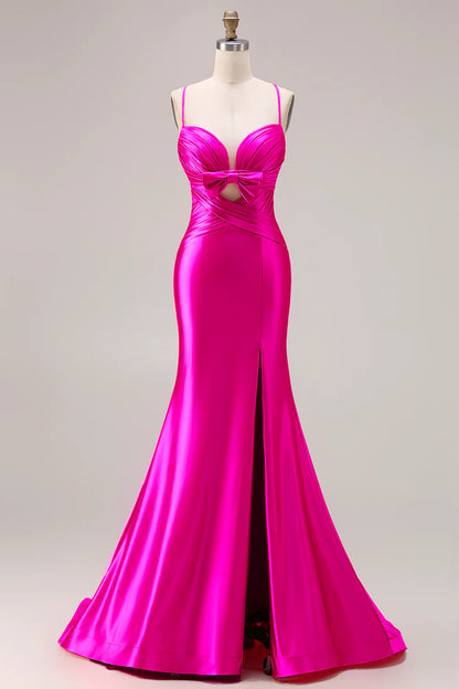 Fuchsia Satin Mermaid Spaghetti Straps Long Prom Dress with Slit