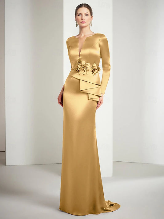Sheath Column Floor Length Prom Dresses Evening Gown Ball Gown Formal Dress Elegant Vintage Silky Long Sleeve Jewel Neck Christmas Formal Satin with Appliques