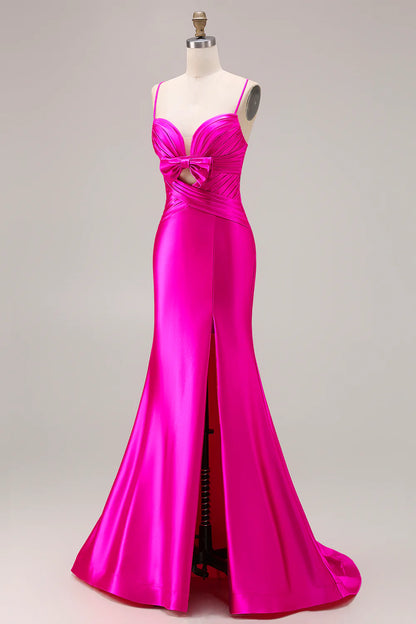Fuchsia Satin Mermaid Spaghetti Straps Long Prom Dress with Slit