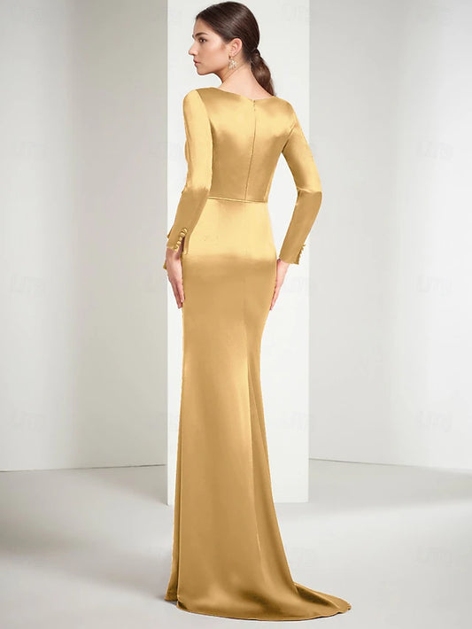 Sheath Column Floor Length Prom Dresses Evening Gown Ball Gown Formal Dress Elegant Vintage Silky Long Sleeve Jewel Neck Christmas Formal Satin with Appliques