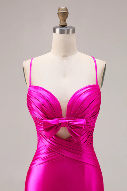Fuchsia Satin Mermaid Spaghetti Straps Long Prom Dress with Slit