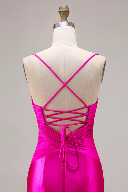 Fuchsia Satin Mermaid Spaghetti Straps Long Prom Dress with Slit