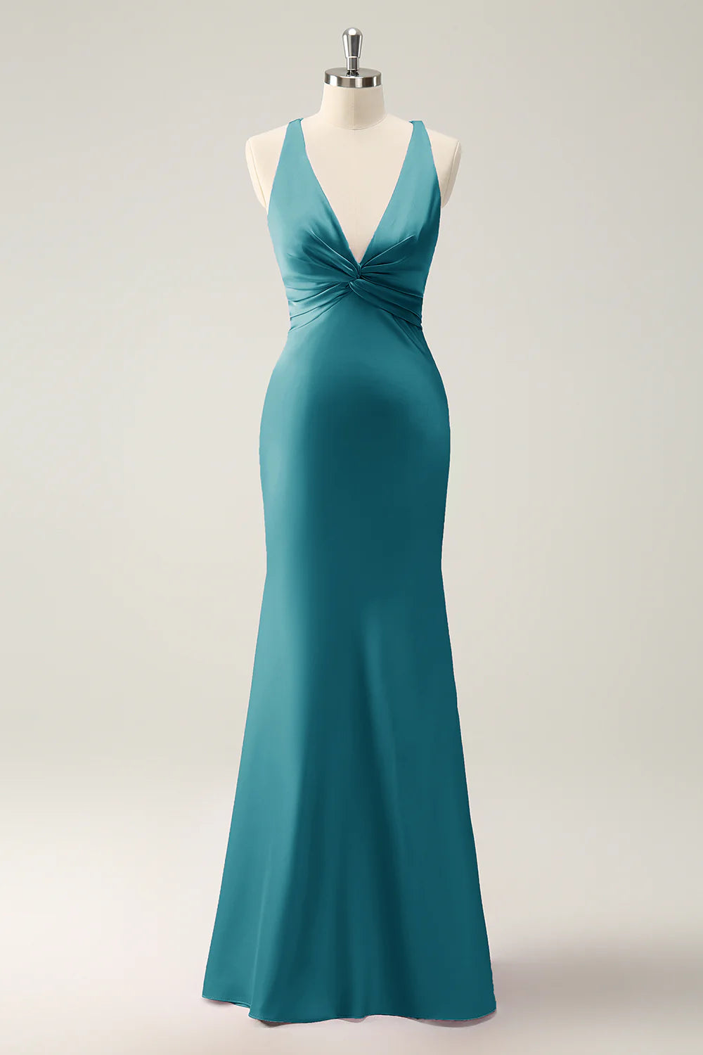 Eucalyptus Mermaid V Neck Satin Long Bridesmaid Dress