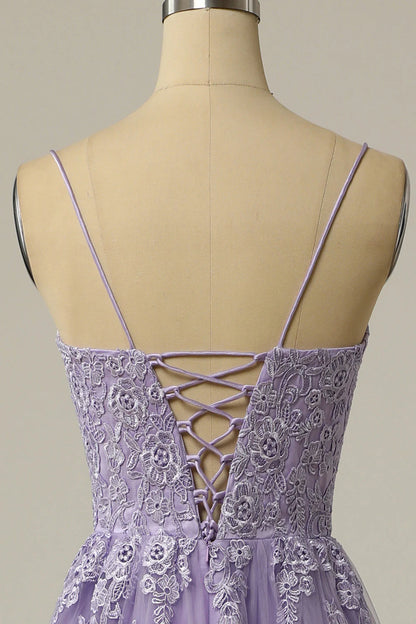 A Line Strapless Light Purple Long Prom Dress With Appliques