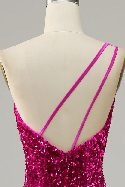 Mermaid One Shoulder Open Back Fuchsia Prom Dress