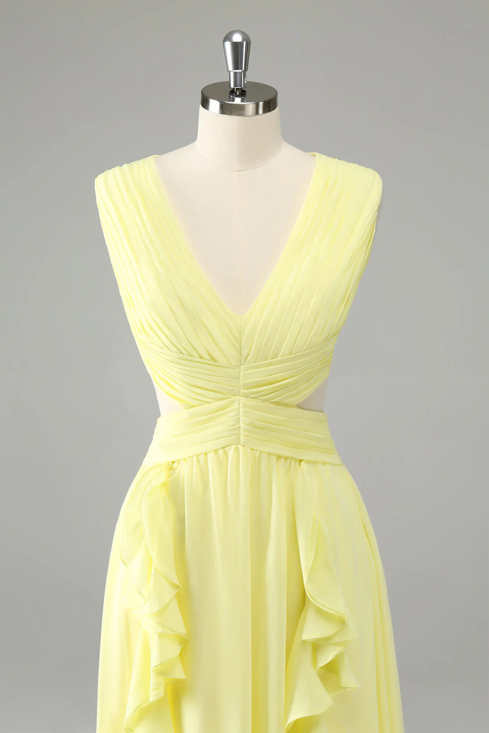 Lemon Yellow A Line Cut Out Long Bridesmaid Dress With Ruffles