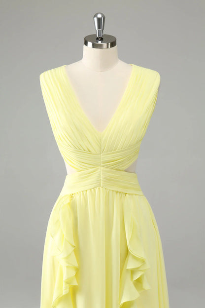 Lemon Yellow A Line Cut Out Long Bridesmaid Dress With Ruffles