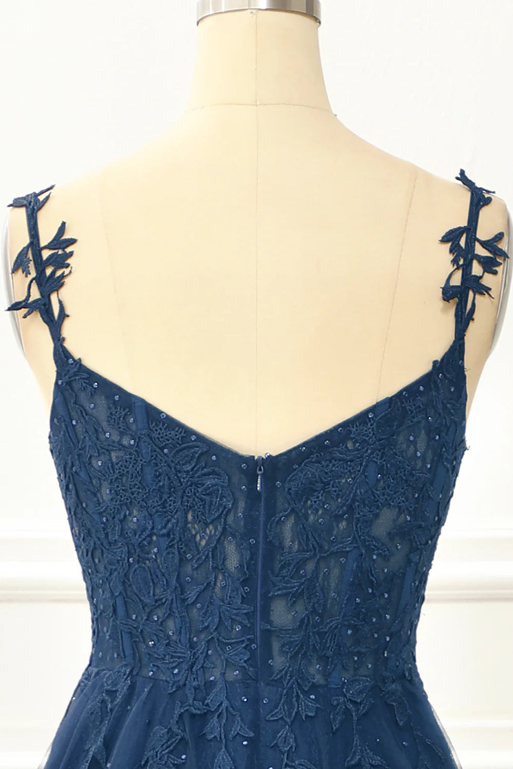 A Line Spaghetti Straps Lace Navy Prom Dress With Appliques