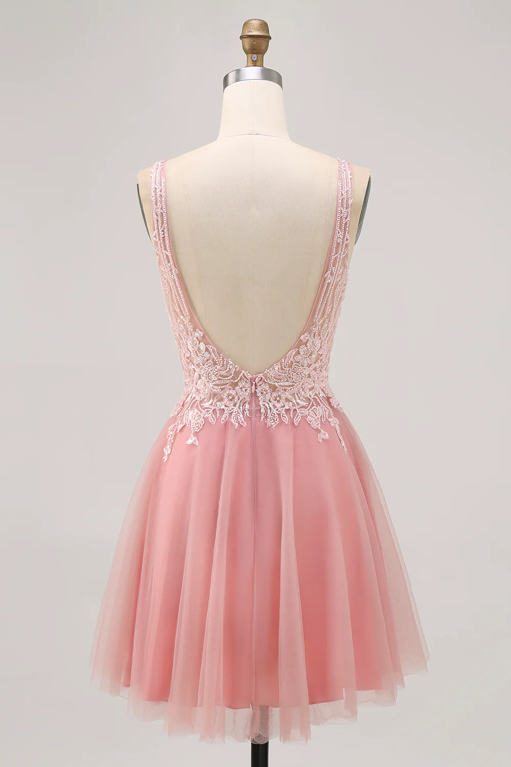 Sparkly Blush V-Neck Beaded Short Tulle Homecoming Dress