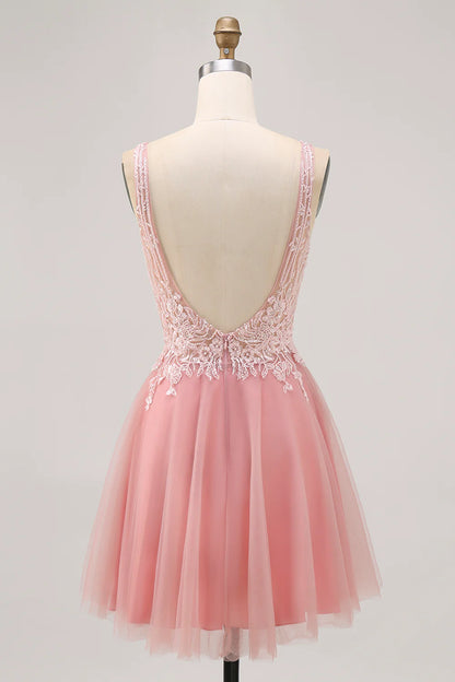 Sparkly Blush V-Neck Beaded Short Tulle Homecoming Dress