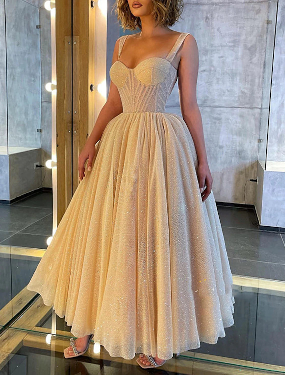 Ball Gown Prom Dresses Corsets Dress Wedding Guest Wedding Party Ankle Length Sleeveless Spaghetti Strap Tulle with Glitter Sequin